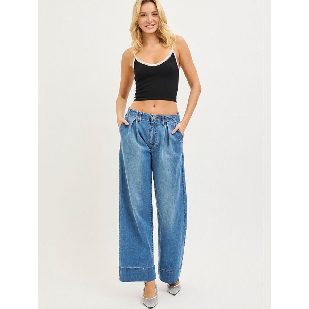 RISEN Slouchy Wide Leg High-Rise Women’s Pleat Trousers Medium Blue Rinse sz 7